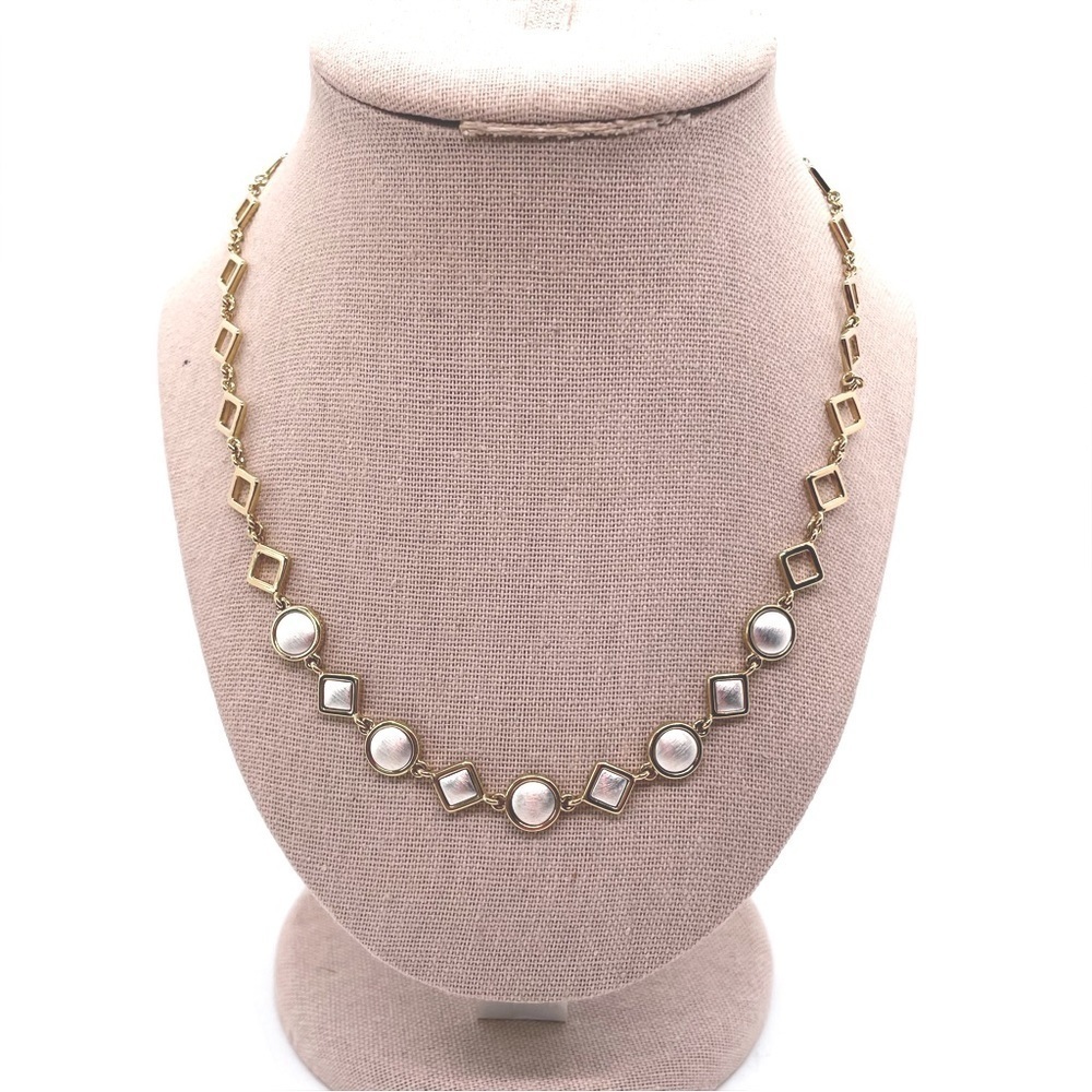 Brushed Silver & Gold Tone Geometric Square Circle Shapes Classy Necklace